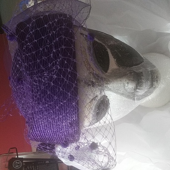 Purple straw Designer pillbox hat w widow net & satin bow $38 one size +scarf - Picture 2 of 13